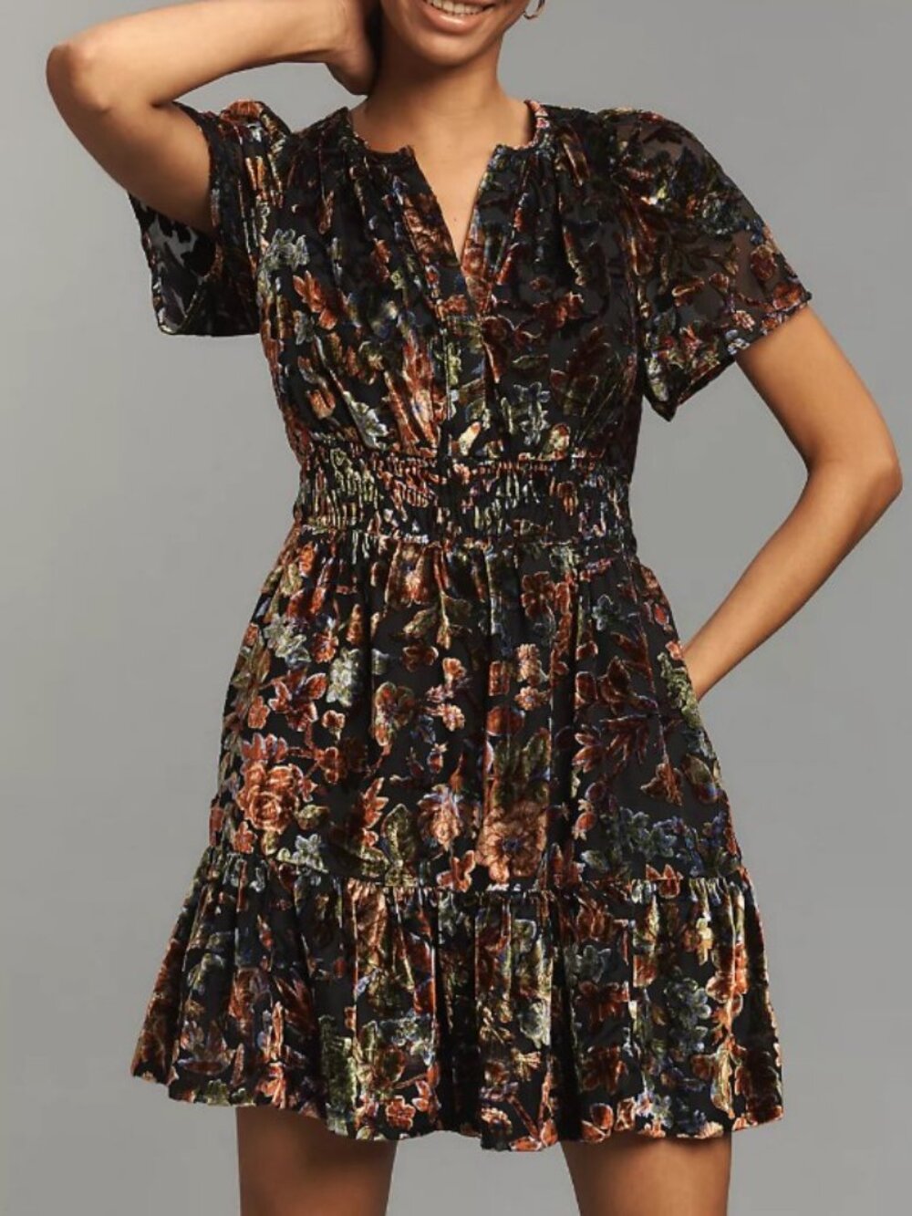 Anthropologie Somerset Velvet Mini Dress XXS Black Floral Smocked Waist Tiered